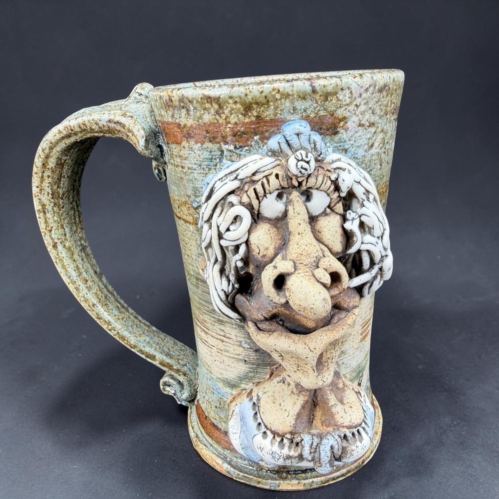 Studio Pottery Face Mug Cup Whimsical Artisan Stoneware Ugly Jug Handcrafted Tan